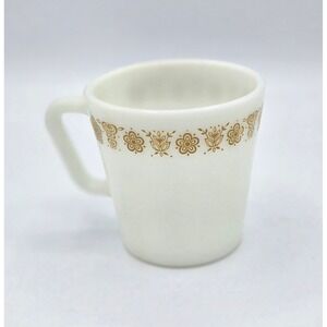 Vintage Pyrex White‎ Milk Glass Mug - Gold Floral Pattern #1410 - 3.5" Tall